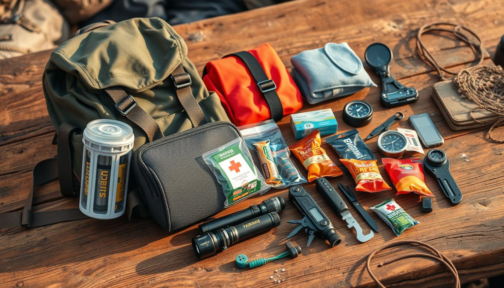 A neatly arranged collection of essential survival gear on a rugged wooden table, bathed in warm, natural lighting. In the foreground, a sturdy backpack, emergency blanket, water filtration system, and a compact first-aid kit. In the middle ground, a tactical flashlight, multi-tool, and a compass nestled among energy bars and fire-starting tools. In the background, a compass, a sturdy knife, and a satellite communication device subtly hint at the preparedness and self-reliance required for a reliable bug-out bag. The composition conveys a sense of thoughtful organization and practicality, befitting the essentials needed to weather any unexpected event.