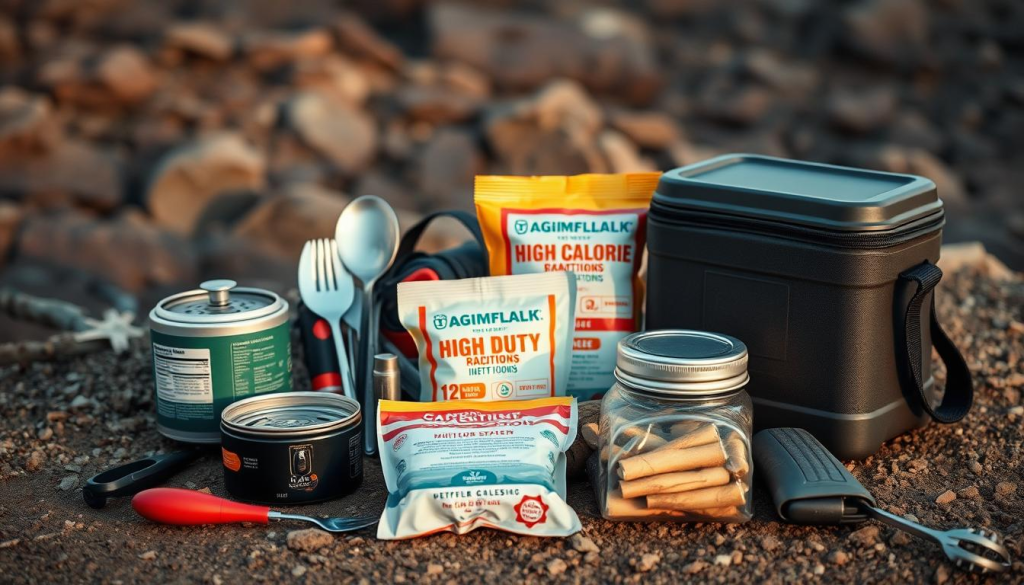 A neatly arranged display of essential bug-out gear, including a compact camping stove, cooking utensils, high-calorie rations, and a heavy-duty insulated food container, all set against a backdrop of rugged terrain. The gear is illuminated by warm, natural-looking lighting, creating a sense of preparedness and self-sufficiency. The image is captured at a slightly low angle, emphasizing the practical and functional nature of the equipment, ready to provide sustenance in an emergency situation.