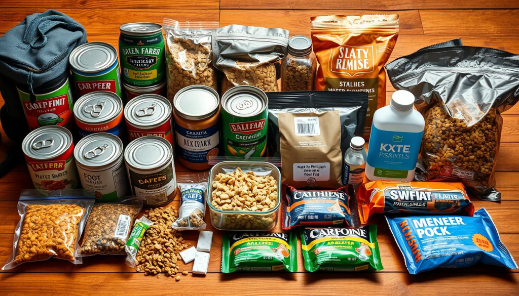 A neatly arranged display of survival essentials for a bug out bag, captured in a well-lit, close-up shot. Canned goods, dried foods, water purification tablets, and energy bars are carefully laid out on a wooden surface, conveying a sense of preparedness and organization. The lighting is warm and natural, emphasizing the textures and colors of the items. The composition is balanced, with the items occupying the foreground and middle ground, allowing the viewer to focus on the essential components of a bug out food supply.