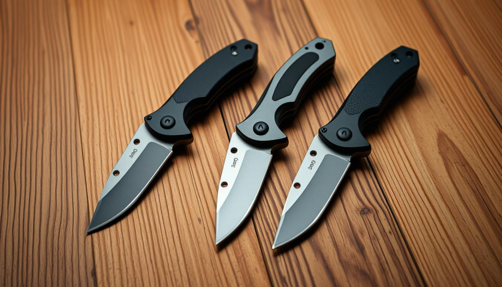 A neatly arranged display of three high-quality folding knives on a wooden surface, with a neutral background. The knives should have a tactical, yet refined appearance, showcasing their compact design, sturdy construction, and razor-sharp blades, suitable for inclusion in a well-equipped bug-out bag. Subtle ambient lighting highlights the contours and metallic finishes of the knives, creating a sense of rugged practicality. The overall composition should convey the idea of reliable, versatile tools for emergency preparedness.
