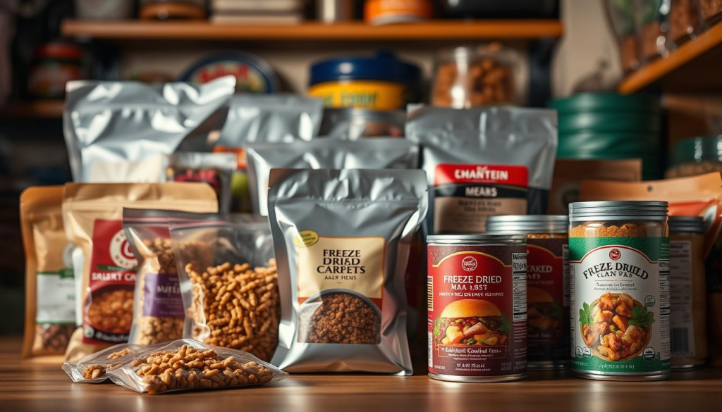 A neatly arranged display of various freeze-dried meals, captured under warm, soft lighting. The foreground features an assortment of sealed pouches and cans, showcasing different flavors and serving sizes. The middle ground highlights the practical packaging, with clear labels and easy-to-prepare instructions. In the background, a subtly blurred backdrop suggests a well-stocked pantry or outdoor survival setting, conveying the versatility and convenience of these compact, long-lasting food options. The overall composition emphasizes the visual appeal, nutritional value, and emergency preparedness aspects of these freeze-dried meals.