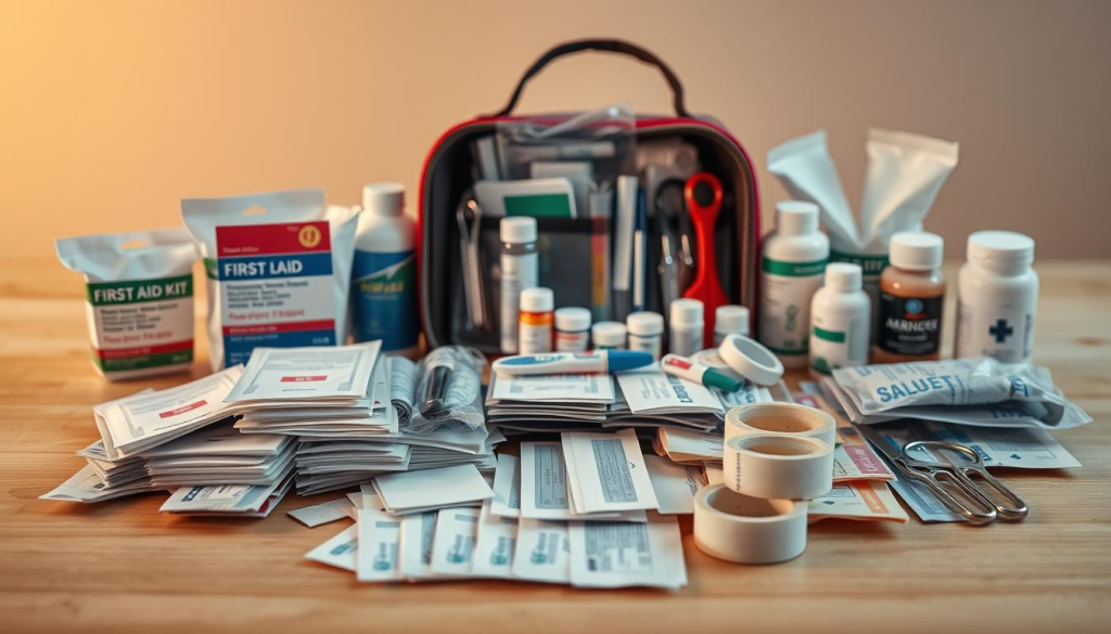 A neatly arranged first aid kit filled with essential medical supplies, resting on a clean wooden surface. In the foreground, bandages, antiseptic wipes, gauze pads, and adhesive tape are meticulously displayed. The middle ground showcases a thermometer, scissors, tweezers, and a variety of medications, while the background features a soft, warm lighting that casts a comforting glow over the scene. The overall mood is one of preparedness and attention to detail, conveying the importance of having a well-stocked first aid kit in times of need.