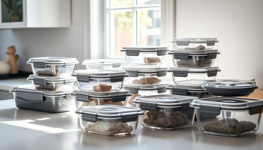 A neatly arranged set of assorted meal prep containers in various sizes and shapes, made of durable plastic or glass, with secure locking lids. The containers are positioned on a bright, clean countertop, illuminated by natural lighting streaming in from a nearby window. The scene conveys a sense of organization and efficiency, perfectly suited for meal planning and food storage. The containers are in a range of neutral colors like gray, white, and clear, creating a cohesive and visually appealing display. The overall mood is one of simplicity, practicality, and a commitment to healthy, homemade meals.