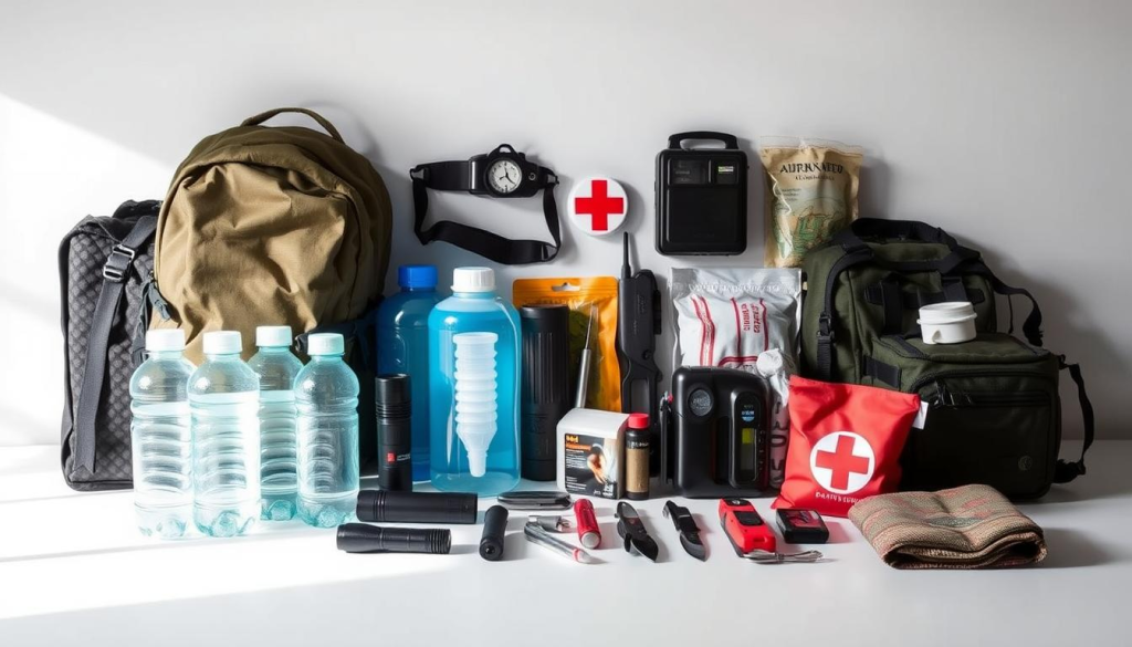 A neatly organized array of essential bug out bag items, meticulously captured in a crisp, high-resolution photograph. In the foreground, a sturdy backpack, water bottles, a portable water filter, and a multi-tool. In the middle ground, a flashlight, a fire starter, a survival knife, and a first aid kit. In the background, a compass, a portable radio, and a space blanket. The image is illuminated by soft, natural lighting, with a clean, minimalist backdrop that emphasizes the practical, no-frills nature of the survival gear. The overall mood conveys a sense of preparedness and self-reliance, suitable for the "Essential Items to Include in Your Bug Out Bag" section of the article.