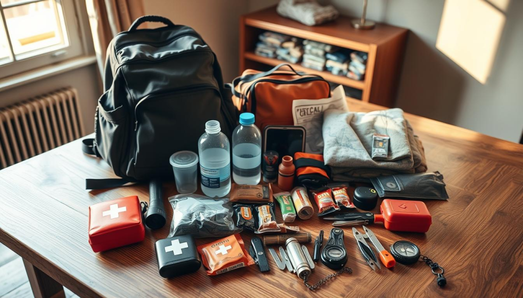 A neatly organized array of essential emergency evacuation supplies laid out on a sturdy wooden table, illuminated by warm, natural lighting from a nearby window. In the foreground, a backpack, a first-aid kit, a flashlight, and a portable radio. In the middle ground, a water bottle, energy bars, a multi-tool, and a survival blanket. In the background, a map, a compass, a fire starter, and a whistle. The items are carefully arranged, conveying a sense of preparedness and attention to detail, ready to be quickly grabbed in the event of an emergency.