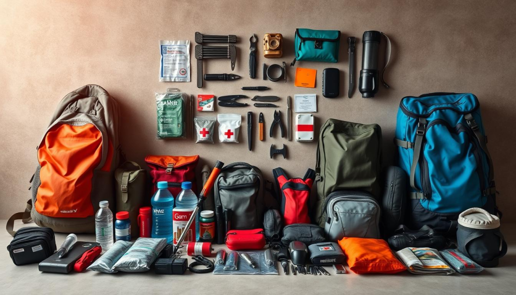 A neatly organized array of essential emergency gear for four people, meticulously displayed on a neutral-toned backdrop. In the foreground, backpacks, water bottles, and first-aid kits stand ready, their colors and textures conveying a sense of durability and reliability. The middle ground showcases compact multi-tools, flashlights, and weatherproof matches, while the background subtly hints at survival blankets, compasses, and navigation tools - all poised to ensure the safety and preparedness of the four individuals. The overall scene is illuminated by a warm, natural light, lending an air of reassurance and practicality to the carefully curated emergency kit.