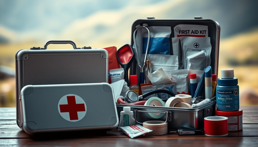 A neatly organized array of essential first aid items set against a clean, well-lit backdrop. In the foreground, a high-quality metal first aid kit case with a prominent red cross symbol. Inside, a carefully curated selection of bandages, gauze, antiseptic wipes, scissors, tweezers, and medical tape. In the middle ground, a stethoscope, thermometer, and pain relievers. In the background, a blurred out, soothing natural setting with soft, diffused lighting, conveying a sense of preparedness and tranquility. The overall scene exudes a professional, clinical, and pragmatic atmosphere suitable for a survival-focused article on essential bug-out bag contents.