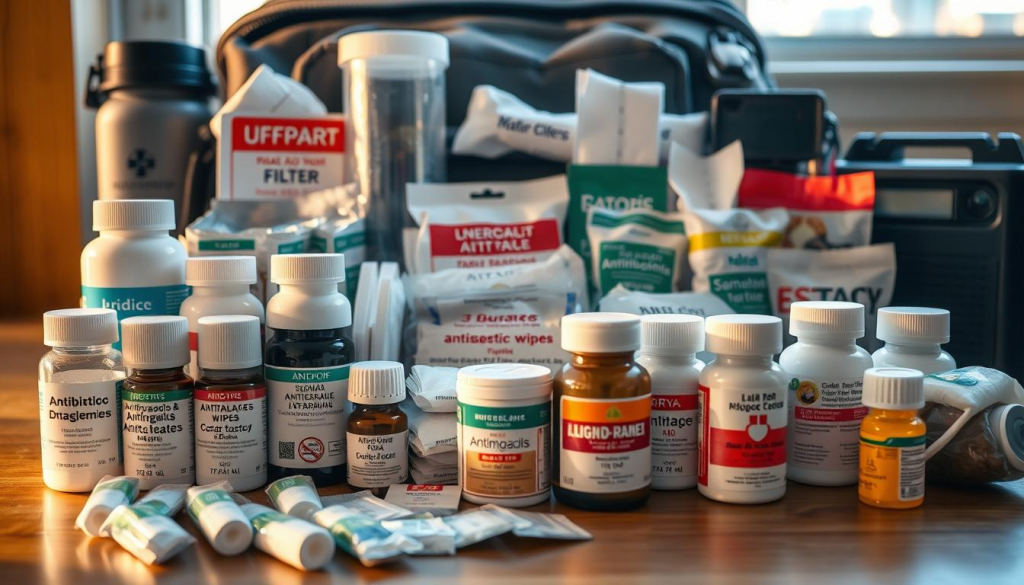 A neatly organized array of essential medical supplies for a bug out bag, bathed in warm, natural lighting. In the foreground, a collection of antibiotics, antifungals, and antimalarials, their labels legible. In the middle ground, bandages, gauze, antiseptic wipes, and a compact first aid kit. The background features a compact water filter, a survival whistle, and a small emergency radio, suggesting a comprehensive preparedness setup. The overall mood is one of practical, well-thought-out emergency readiness, inspiring confidence in the viewer.