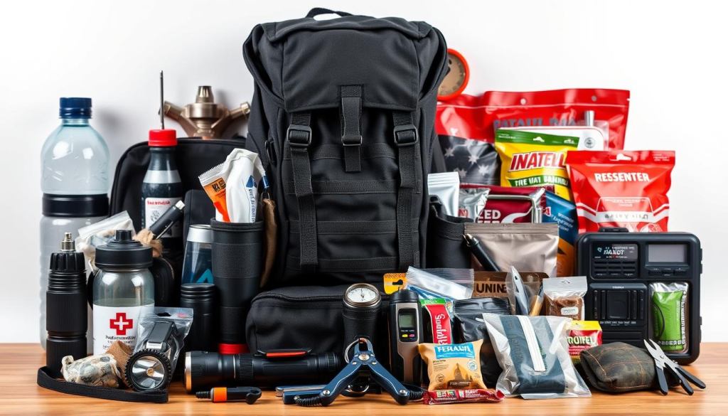 A neatly organized array of essential survival gear and emergency supplies, meticulously displayed against a clean, well-lit backdrop. The foreground features a tactical backpack, sturdy flashlight, first-aid kit, and a water filtration system. In the middle ground, a compass, multi-tool, fire-starting kit, and an emergency blanket are visible. The background showcases additional supplies such as energy bars, a portable radio, and a signaling mirror, all arranged in a visually appealing manner. The overall scene conveys a sense of preparedness and practicality, with a focus on the key components of a well-stocked bug-out bag.