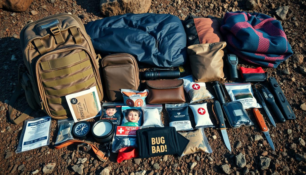 A neatly organized array of essential survival gear for a bug out bag, arranged on a rugged, textured surface. In the foreground, a sturdy tactical backpack, compass, fire-starting kit, water purifier, and first aid supplies. The middle ground features a sleeping bag, multi-tool, and emergency radio, while the background showcases a tactical flashlight, hunting knife, and emergency blanket. The lighting is natural, with a warm, earthy tone conveying a sense of preparedness and adventure. Captured with a wide-angle lens to showcase the comprehensive nature of the bug out bag essentials.