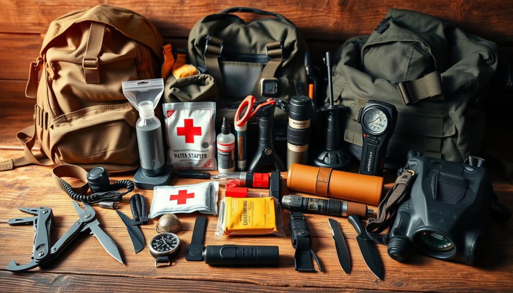 A neatly organized array of essential survival gear on a wood surface, illuminated by warm, natural lighting. In the foreground, a sturdy backpack, a multi-tool, a compass, and a water filtration system. In the middle ground, a fire starter, a first aid kit, and a survival knife. In the background, a high-quality flashlight, a tactical radio, and a lightweight emergency blanket. The overall mood is one of preparedness and resilience, conveying the importance of a well-stocked military bug out bag for any emergency situation.