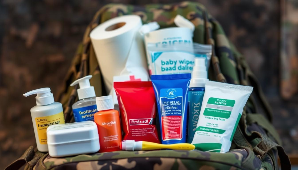 A neatly organized assortment of essential bug-out bag hygiene items rests on a rugged, camouflage-patterned backpack. In the foreground, a collection of travel-sized toiletries, including soap, shampoo, toothpaste, and a toothbrush, are arranged in a visually appealing manner. In the middle ground, a roll of toilet paper, baby wipes, and a small first-aid kit peek out from behind the other items. The background features a subdued, earthy palette, with hints of mossy greens and warm browns, evoking a sense of preparedness and self-reliance. The overall composition conveys a sense of practicality and functionality, perfectly suited for the "Personal Hygiene and Sanitation Essentials" section of the article.