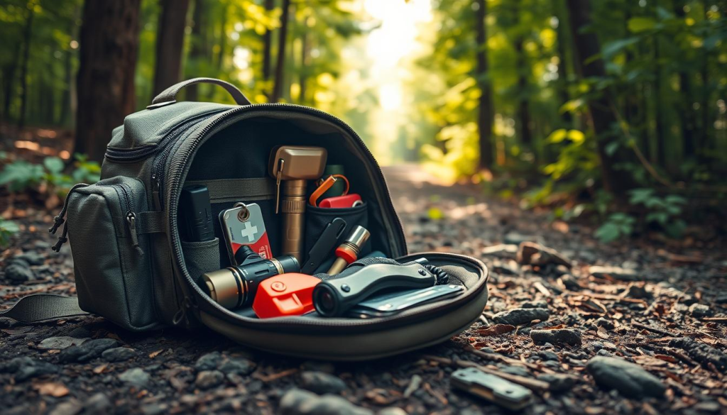 A neatly organized bug out bag filled with essential survival gear lies on a rugged woodland floor. The bag's exterior is made of durable, water-resistant fabric, with MOLLE webbing for attaching additional pouches. Inside, a tactical flashlight, emergency whistle, and compact multitool are visible, alongside a first aid kit and a firestarter. The background features a dense, verdant forest, with sunlight filtering through the canopy, creating a warm, naturalistic atmosphere. The overall scene conveys a sense of preparedness and self-reliance, reflecting the "Safety and Security Items" section of the article.