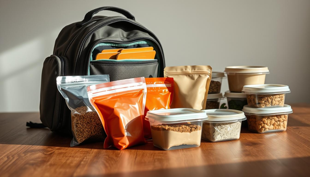 A neatly organized bug out bag filled with various food storage containers, meticulously arranged on a wooden table. The lighting is soft and natural, highlighting the textures and colors of the items. The composition features the bag in the foreground, with the food containers and pouches taking up the middle ground, and a simple, uncluttered background. The overall mood is one of preparedness and attention to detail, conveying the importance of proper food planning for emergency situations.