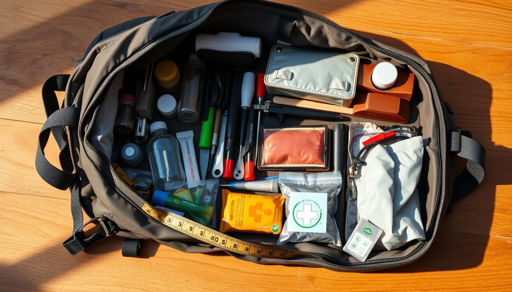 A neatly organized bug out bag, its contents carefully arranged and measured, rests on a wooden surface. Warm, natural lighting illuminates the scene, casting soft shadows that accentuate the textures of the various survival gear. The bag's interior is visible, showcasing a well-thought-out layout of essential supplies, from water bottles and non-perishable food to first-aid kits and emergency tools. The overall composition conveys a sense of preparedness and attention to detail, reflecting the importance of properly sizing a bug out bag for a potential emergency situation.