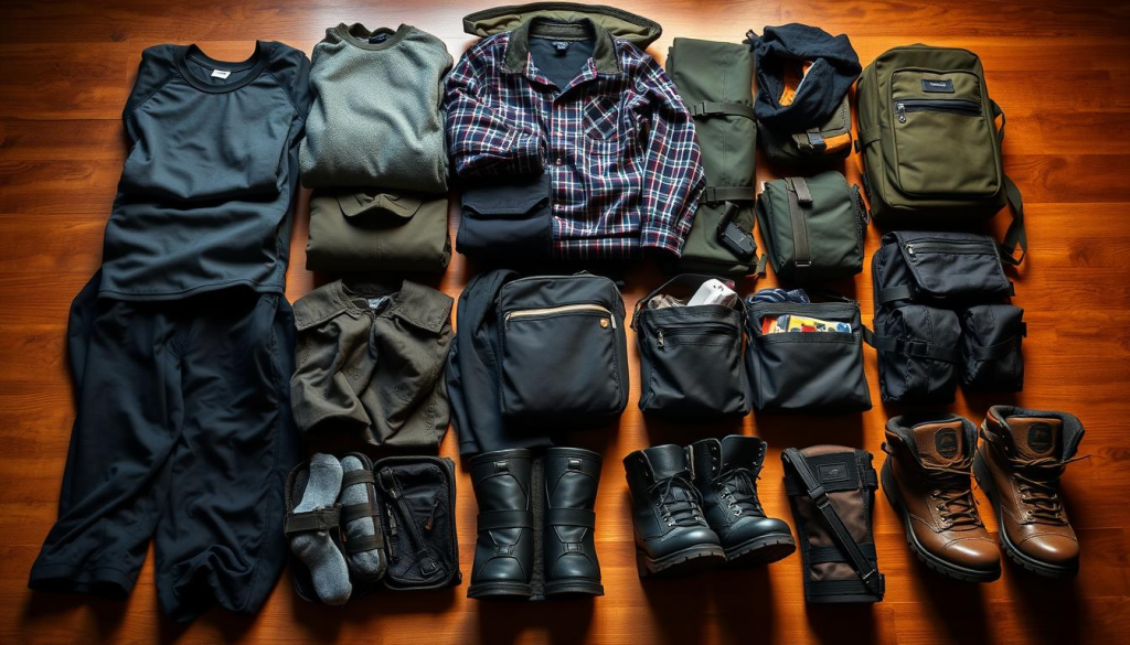 A neatly organized bug out bag, its contents meticulously arranged on a wooden table. In the foreground, a variety of clothing essentials - thermal underwear, moisture-wicking shirts, durable pants, and sturdy boots - are displayed in an orderly fashion. The middle ground showcases pouches and compartments, each holding specialized items like socks, gloves, and headwear. Ambient lighting casts a warm glow, illuminating the scene and highlighting the attention to detail. The composition emphasizes the importance of thoughtful packing and efficient organization, conveying a sense of preparedness and calm in the face of potential emergencies.