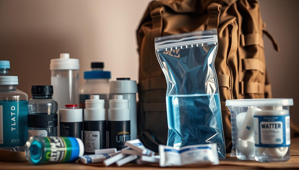 A neatly organized bug out bag, its contents meticulously arranged. In the foreground, a collection of water bottles, filters, and purification tablets, conveying a sense of preparedness and self-reliance. The middle ground showcases a high-quality water pouch, its durable construction and clear viewing window hinting at its functionality. In the background, a rugged backpack, its weathered exterior suggesting it has weathered many adventures. Soft, directional lighting illuminates the scene, creating a warm, inviting atmosphere that evokes a feeling of security and readiness for any emergency.