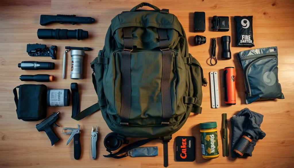A neatly organized bug out bag, its contents sprawled out on a wooden table, illuminated by soft, diffused lighting. The bag itself takes center stage, its sturdy construction and ample capacity evident. Surrounding it, various survival essentials are arranged in a visually appealing manner - a compact multi-tool, a water filter, a fire starter, and compact camping gear. The overall scene conveys a sense of preparedness and attention to detail, highlighting the factors that influence the optimal capacity for a bug out bag.
