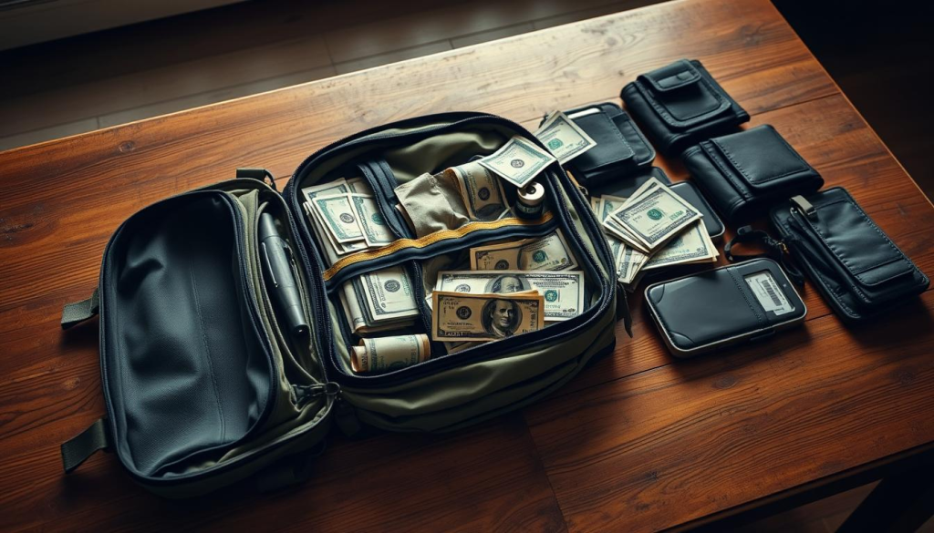 A neatly organized bug out bag laid out on a sturdy wooden table, with various compartments and pockets displaying a diverse range of cash denominations, from small bills to larger notes, symbolizing a well-prepared financial reserve. The lighting is soft and natural, creating a sense of warmth and reassurance. The camera angle is slightly elevated, giving the viewer a comprehensive view of the contents, conveying a sense of preparedness and attention to detail. The overall mood is one of confidence and security, with the cash reserves representing a crucial component of a comprehensive bug out strategy.