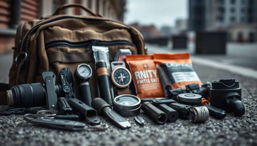 A neatly organized cache of essential survival gear for the unpredictable - a rugged bug-out bag rests on a textured surface, its contents carefully curated. In the foreground, an array of multitools, flashlights, and water purification tools gleam under soft, directional lighting. Nestled in the middle ground, a compass, first-aid kit, and weatherproof fire-starting kit stand ready. The background subtly hints at an urban setting, conveying a sense of preparedness amidst the unknown. This image evokes a mood of thoughtful, practical resilience - a visual guide to customizing one's bug-out essentials for any situation.