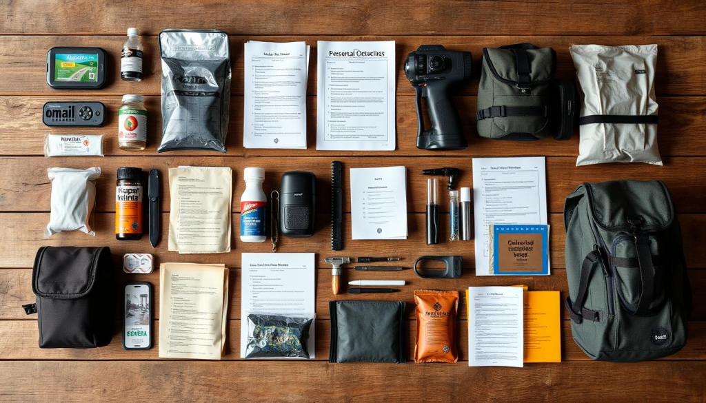 A neatly organized checklist of essential personal items and documents for a bug out bag, displayed on a rustic wooden surface. The items are arranged in a grid-like pattern, with each item photographed against a simple, neutral background. The lighting is soft and natural, highlighting the textures and details of the items. The overall mood is one of preparedness and organization, conveying a sense of practicality and resilience. The image captures the important personal belongings and documentation that would be crucial to have in an emergency evacuation scenario.