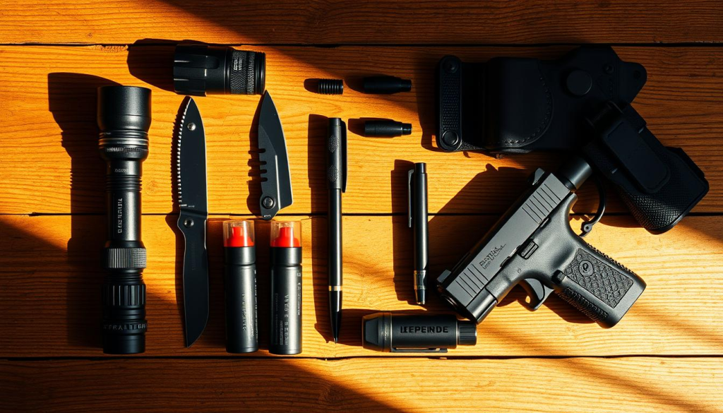 A neatly organized checklist on a sturdy wooden surface, showcasing the essential tools for defense and safety in a bug-out scenario. Carefully arranged items include a tactical flashlight, a folding knife, a multi-tool, a tactical pen, pepper spray, and a compact handgun with a holster. The lighting is warm and natural, casting subtle shadows that accentuate the rugged textures of the equipment. The composition is balanced, with the items presented in a clean, minimalist style that conveys a sense of preparedness and practicality.
