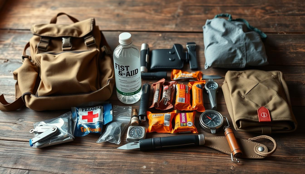 A neatly organized collection of essential bug-out bag items laid out on a rustic wooden surface, illuminated by warm natural lighting. In the foreground, a sturdy backpack, first-aid kit, and compact multi-tool. In the middle ground, a water bottle, energy bars, and a flashlight. In the background, a compass, a survival knife, and a lightweight emergency blanket. The overall mood conveys a sense of preparedness and self-reliance, ready to face the unexpected.