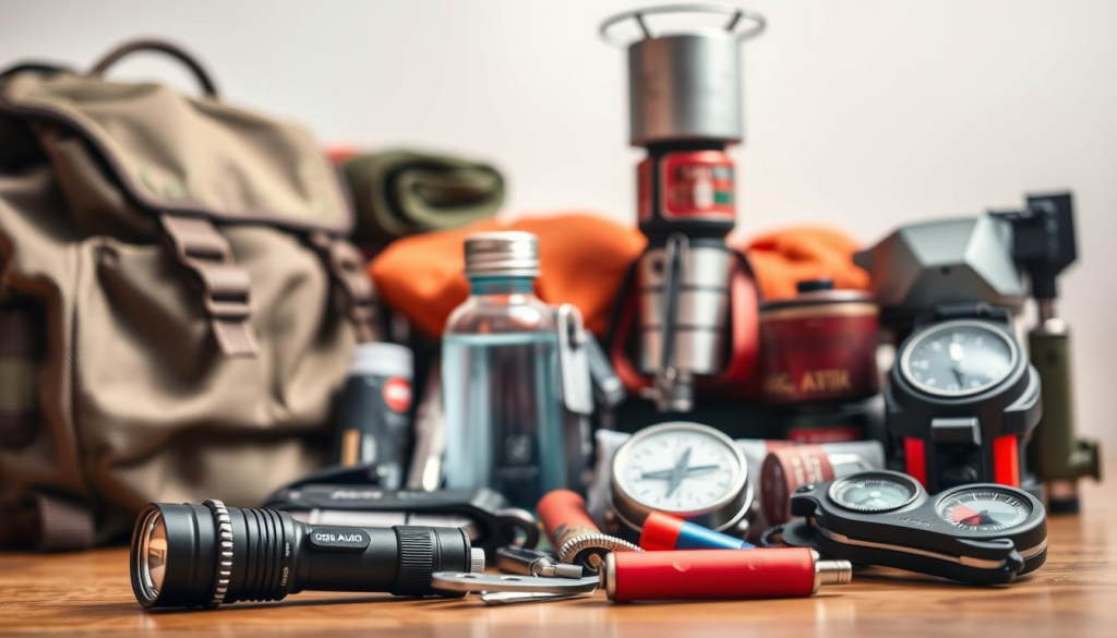 A neatly organized collection of essential gear for a well-equipped bug out bag. In the foreground, a sturdy backpack, flashlight, multitool, and first aid kit. In the middle ground, a water bottle, fire starter, and survival knife. In the background, a compact camping stove, emergency blanket, and navigation compass. Soft, diffused lighting casts a warm, preparedness-oriented atmosphere. Photographed from an oblique angle to convey a sense of thoughtful planning and attention to detail.