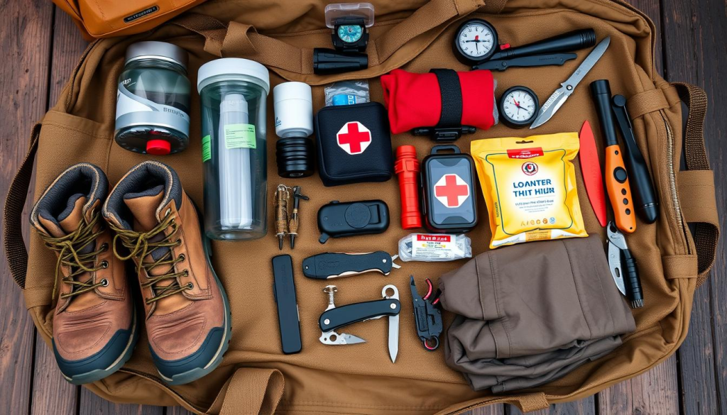 A neatly organized collection of essential survival gear laid out on a rugged, canvas duffel bag. In the foreground, sturdy boots, thermal clothing, and a compact multi-tool catch the eye. The middle ground features a water filtration system, a first-aid kit, and a fire-starting kit, all essential for self-reliance. In the background, a compass, a headlamp, and a survival knife hint at the preparedness and resourcefulness needed for unexpected situations. The overall scene conveys a sense of practical functionality and rugged resilience, perfectly suited for the "Clothing and Personal Items" section of the "Prepare for the Unexpected: Bug Out Bag Kit List" article.