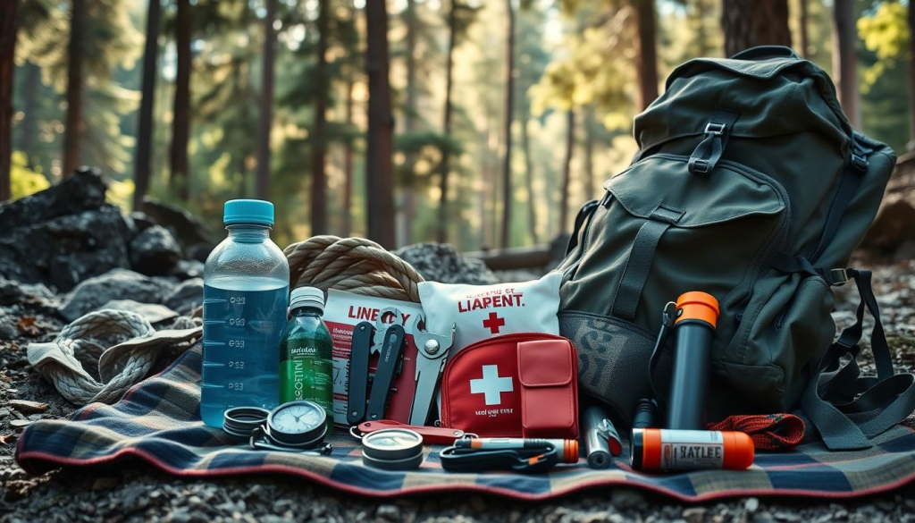 A neatly organized collection of essential survival gear lays against a rugged, natural backdrop. In the foreground, a sturdy backpack, water bottle, compass, multi-tool, and first aid kit sit atop a blanket. In the middle ground, a coil of rope, flashlight, and emergency whistle stand ready. The background showcases a serene forest scene, with sunlight filtering through the trees, creating a sense of preparedness and self-reliance. The overall composition conveys the importance of being equipped for unexpected situations, with a focus on the key items that could make the difference in a bug-out scenario.