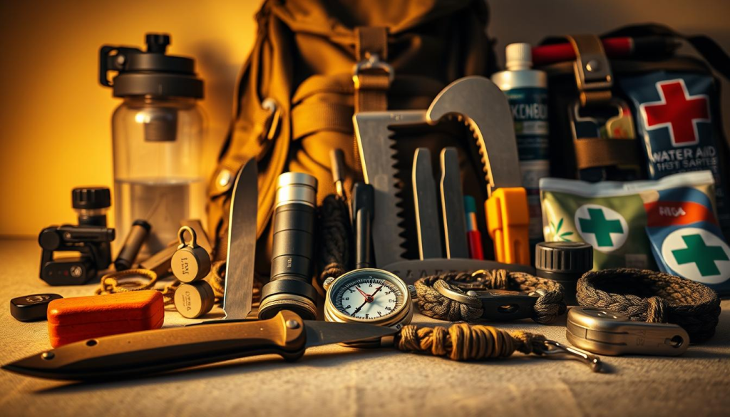 A neatly organized collection of essential survival tools and equipment, illuminated by warm directional lighting and captured with a high-resolution lens at a slightly elevated angle. In the foreground, a sturdy fixed-blade knife, a multi-tool, a compass, and a fire starter stand out against a neutral background. In the middle ground, a tactical flashlight, a folding saw, and a paracord bracelet add functional utility. In the background, a rugged backpack, a water filtration system, and a first-aid kit hint at the preparedness and resilience of the owner.