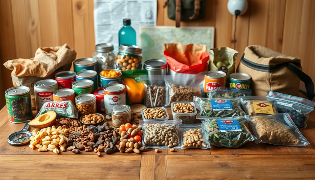 A neatly organized collection of long-lasting, high-calorie survival foods laid out on a sturdy wooden table. In the foreground, various canned goods, dried fruits, nuts, and vacuum-sealed meals are arranged in a visually appealing manner, reflecting the attention to detail required for effective bug-out bag planning. The middle ground features a compass, a water bottle, and a map, hinting at the broader context of emergency preparedness. The background is softly lit, creating a warm, reassuring atmosphere that conveys the importance of being well-equipped for unexpected situations.