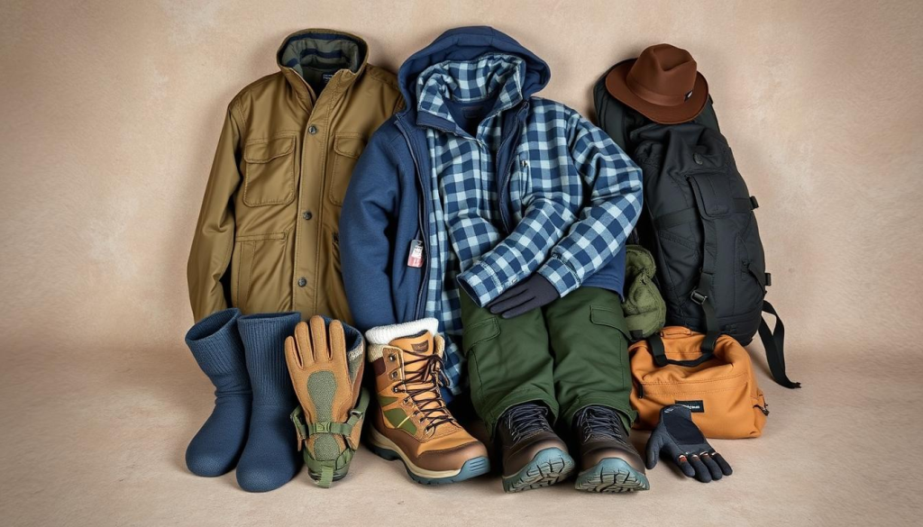 A neatly organized collection of practical clothing essentials for a bug out bag, set against a muted, earthy backdrop. In the foreground, a sturdy pair of hiking boots, thick socks, and a durable pair of cargo pants. In the middle ground, a weatherproof jacket with multiple pockets, a long-sleeved thermal shirt, and a lightweight, moisture-wicking base layer. In the background, a rugged backpack, a versatile hat, and a pair of fingerless gloves. The lighting is soft and natural, capturing the utilitarian nature of the items. The composition emphasizes the functionality and versatility of the bug out bag clothing, creating a sense of preparedness and self-reliance.
