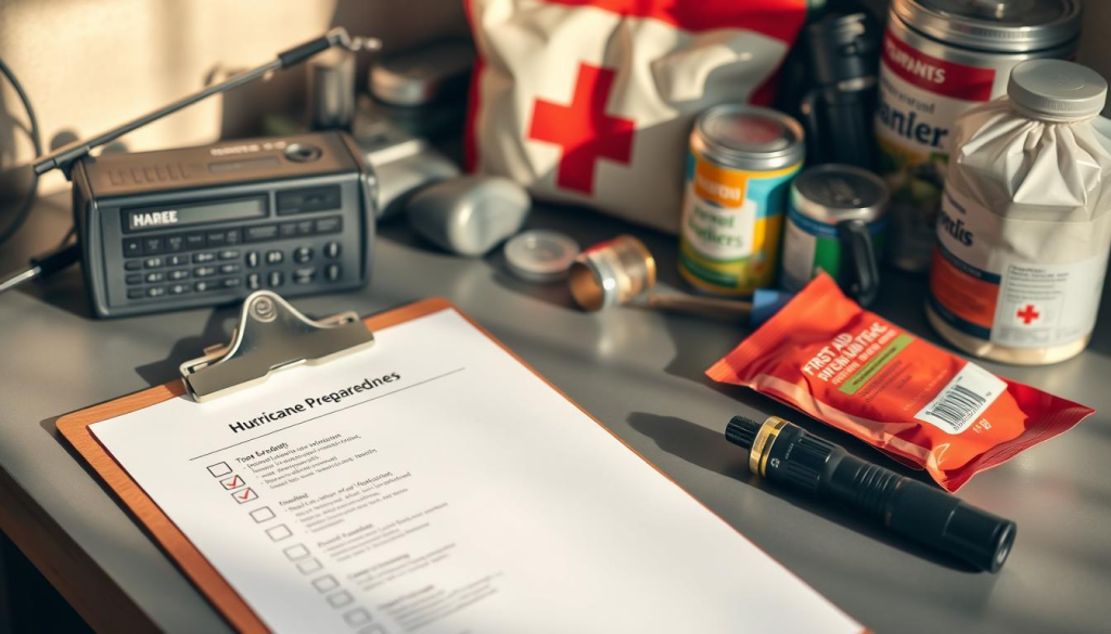A neatly organized desk with a crisp white checklist on a clipboard, surrounded by essential hurricane preparedness items - a battery-powered radio, a sturdy flashlight, a first-aid kit, and emergency food supplies. The lighting is warm and natural, casting gentle shadows that highlight the thoughtful arrangement. The composition emphasizes the importance of being informed and prepared, conveying a sense of calm and readiness in the face of an impending storm.