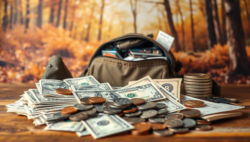 A neatly organized display of cash bills, coins, and financial documents against a warm, earthy background. In the foreground, various denominations of US dollars are carefully arranged, with a sense of intentionality. The middle ground features a compact, well-stocked bug-out bag, its contents spilling out to reveal essential survival items. The background showcases a natural setting, perhaps a woodland scene or a tranquil outdoor environment, conveying a sense of preparedness and self-reliance. The lighting is soft and diffused, creating a calming, contemplative atmosphere. The overall composition emphasizes the thoughtful allocation of financial resources within the context of emergency preparedness.