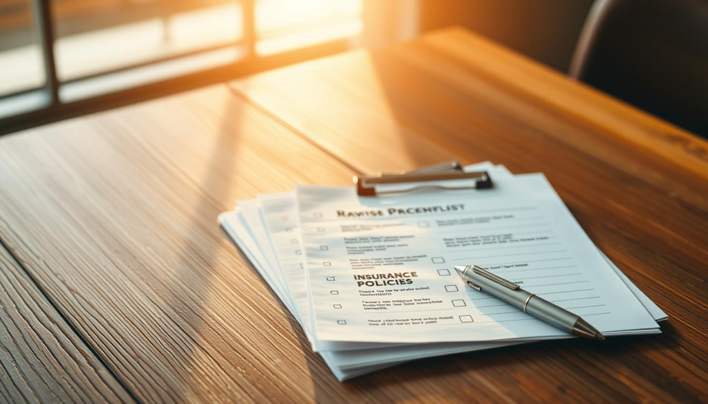 A neatly organized document checklist resting on a wooden table, bathed in warm, natural lighting. The checklist features various important documents such as passports, insurance policies, and financial records, all arranged in a visually pleasing and practical manner. The background is blurred, creating a sense of focus on the essential items. The overall atmosphere conveys a sense of preparedness and organization, with a touch of simplicity and elegance.