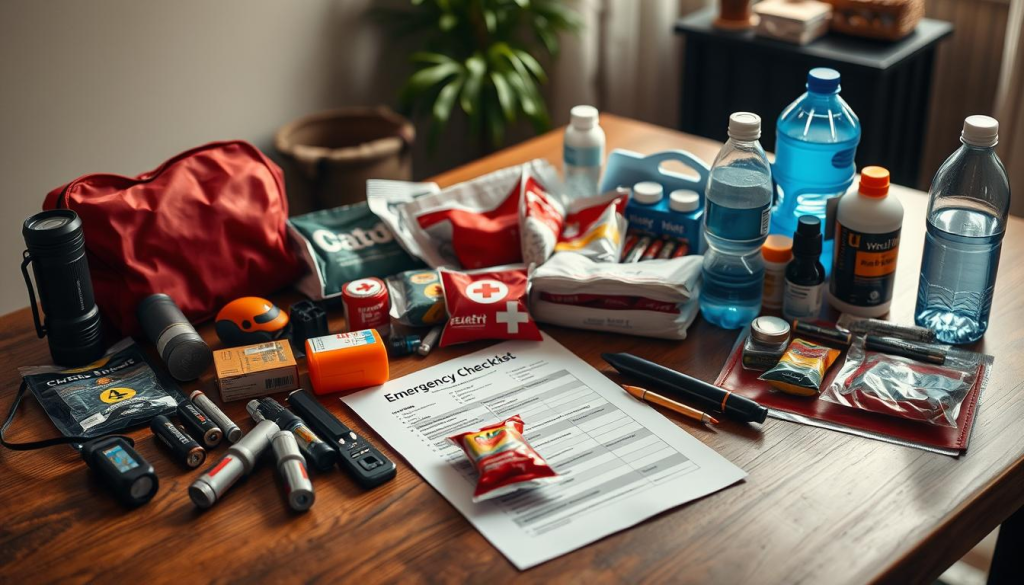 A neatly organized emergency supplies checklist, meticulously laid out on a wooden table with a warm, natural lighting. The checklist features a variety of essential items, including flashlights, batteries, first aid kits, water bottles, and emergency rations, all arranged in a visually appealing manner. The background is softly blurred, creating a sense of focus on the checklist itself. The overall mood is one of preparedness and organization, conveying the importance of having a comprehensive emergency preparedness plan.