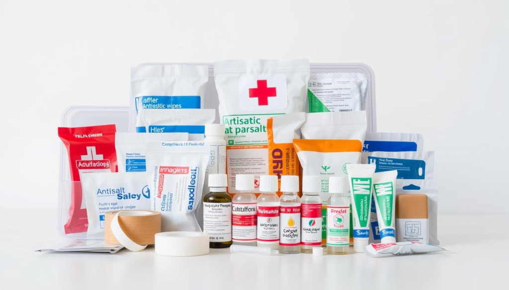 A neatly organized first aid kit, featuring an array of essential supplies against a clean, well-lit background. In the foreground, a transparent plastic case showcases a variety of bandages, antiseptic wipes, gauze pads, and medical tape, all arranged in a visually appealing manner. In the middle ground, a set of small bottles and tubes containing medications, ointments, and other first aid necessities stand upright, their labels clearly visible. The background is a simple, neutral-toned surface, allowing the contents of the kit to be the focal point. The overall composition conveys a sense of preparedness, efficiency, and attention to detail, perfectly suited for the "Gathering First Aid Supplies" section of the "Budget-Friendly Bug Out Bag" article.