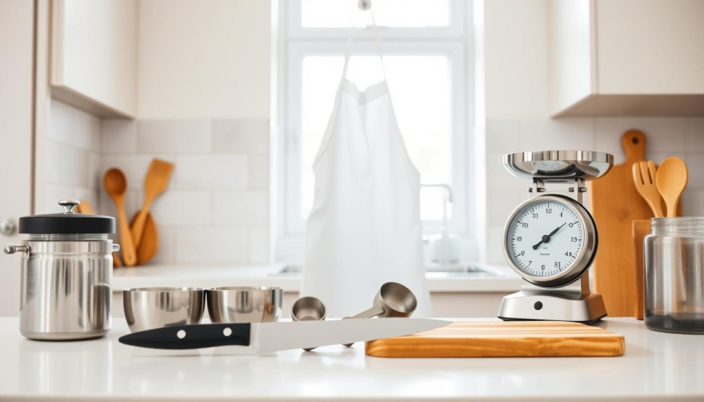 A neatly organized kitchen counter with a clean, minimalist aesthetic. In the foreground, an array of essential tools arranged meticulously: a sturdy chef's knife, a set of measuring cups and spoons, a wooden cutting board, and a sleek kitchen scale. In the middle ground, a crisp white apron hangs from a hook, inviting the viewer to don it and begin their culinary journey. The background features neutral-toned cabinetry and a glimpse of a bright, airy window, creating a sense of calm and tranquility. Soft, even lighting illuminates the scene, highlighting the clean lines and the carefully curated selection of kitchen essentials.