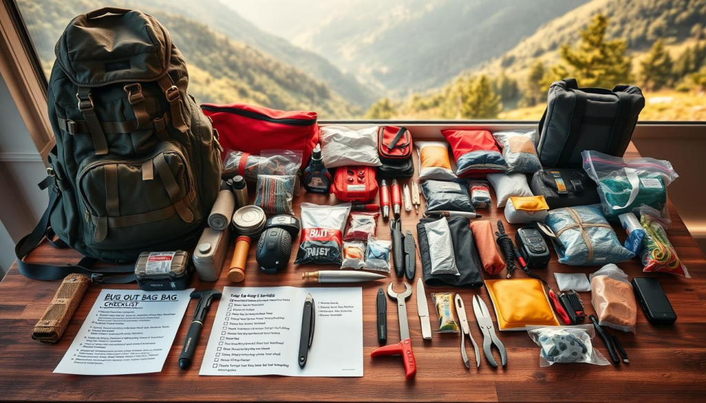 A neatly organized table displaying a comprehensive bug out bag checklist. The foreground features a sturdy backpack, various survival gear, and a handwritten note outlining the essential items. The middle ground showcases an array of tools, supplies, and emergency kits, meticulously arranged. The background subtly blends a natural landscape, hinting at the outdoors and the need for preparedness. The lighting is soft and warm, creating a sense of practicality and readiness. The overall composition conveys a well-thought-out plan, encouraging the viewer to consider their own emergency preparedness.