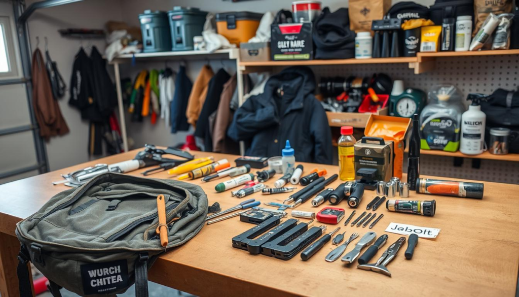 A neatly organized workbench in a well-lit garage, showcasing the various tools and supplies needed for bug out bag maintenance. In the foreground, a rugged backpack lies open, its contents carefully laid out for inspection. Nearby, a set of precision tools, including a multi-tool, a first-aid kit, and a sewing kit, are arranged with meticulous care. The middle ground features a selection of replacement parts, such as water filters, fire-starting materials, and emergency signaling devices. In the background, shelves hold additional supplies, including extra clothing, survival rations, and backup electronics, all meticulously organized and maintained for optimal readiness. The scene conveys a sense of preparedness, attention to detail, and a commitment to ensuring the bug out bag is always in peak condition.