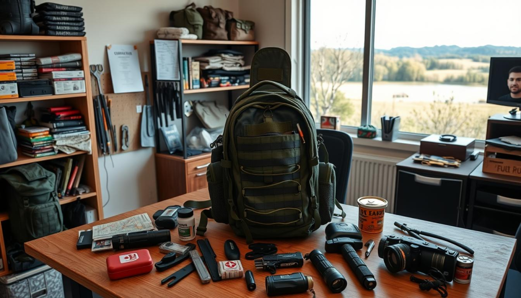 A neatly organized workbench in a well-lit home office, with various tools and supplies for maintaining a bug out bag. In the foreground, a tactical backpack is open, revealing its contents. Nearby, a first aid kit, a multi-tool, a flashlight, and other essential items are laid out meticulously. The middle ground shows shelves stocked with survival gear, emergency rations, and maps. The background features a large window overlooking a peaceful outdoor scene, creating a calming atmosphere. The overall mood is one of preparedness and attention to detail, capturing the essence of responsible bug out bag maintenance.