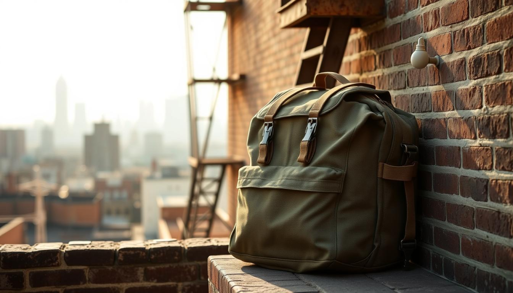 A neutral-toned bug out bag rests against a gritty urban backdrop. Warm, diffused sunlight illuminates its robust canvas exterior, highlighting its muted olive, tan, and grey hues. The bag's streamlined silhouette and reinforced straps convey a sense of practicality and durability, well-suited for the demands of an urban environment. In the middle ground, a weathered brick wall and rusted fire escape ladder add texture and a sense of place, while the distant cityscape in soft focus forms a hazy, neutral-toned backdrop, creating an overall atmosphere of calm preparedness.
