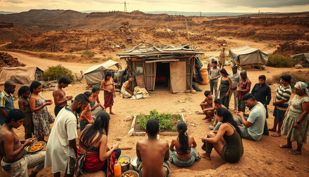 A peaceful community gathering in a post-apocalyptic landscape. In the foreground, people of all ages and backgrounds are engaged in practical activities - sharing food, repairing tools, and exchanging knowledge. The middle ground features a makeshift shelter constructed from salvaged materials, surrounded by a small garden plot. In the background, a rugged, desolate terrain stretches out, hinting at the challenges of the outside world. Warm, diffused lighting illuminates the scene, conveying a sense of resilience and human connection amidst the harsh realities of a world on the brink. The composition emphasizes the importance of collective survival strategies and the power of community support.
