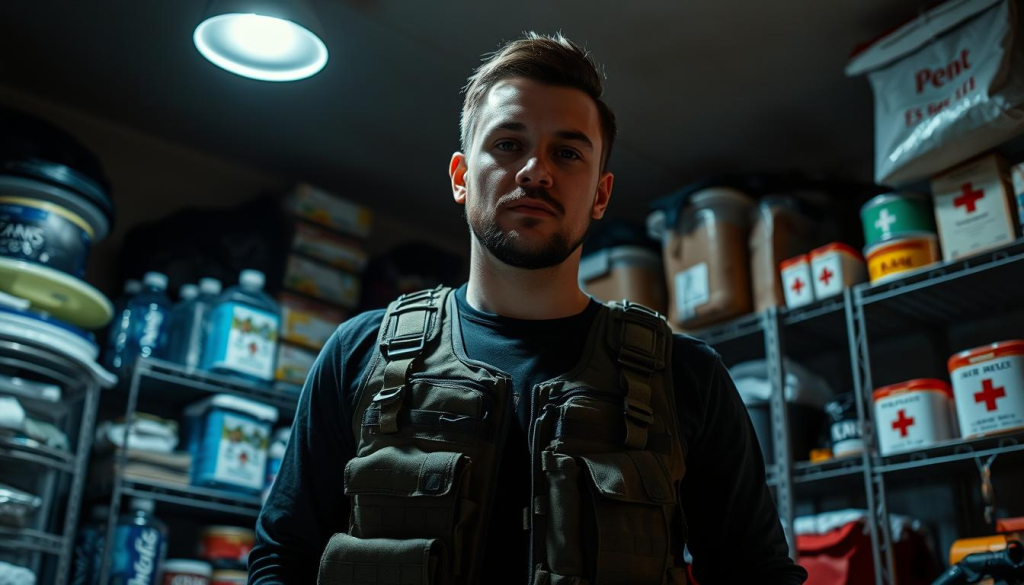 A person wearing a tactical backpack and utility vest, standing in a dimly lit room filled with emergency supplies and equipment. The lighting is dramatic, with a single overhead lamp casting strong shadows. The individual's expression is focused and determined, conveying a sense of preparedness and resilience. In the background, shelves stocked with water, non-perishable food, first aid kits, and other essential survival gear create an atmosphere of self-reliance and planning for unexpected events. The scene is captured from a slightly low angle, emphasizing the subject's readiness and the importance of emergency preparedness.