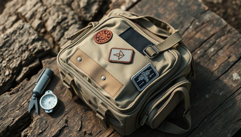A personalized bug out bag rests on a rugged wooden surface, its contents meticulously arranged. The bag, a tactical design in muted hues, features customized patches and embroidered insignia. Nearby, a compass, a multi-tool, and a water filter suggest the owner's attention to essential survival gear. The lighting is natural, casting a warm glow that highlights the bag's weathered texture. The overall mood conveys a sense of preparedness and self-reliance, reflecting the individual's commitment to being ready for any unexpected event.