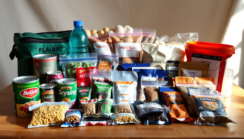 A portable emergency food supply consisting of various non-perishable items neatly arranged on a wooden surface. In the foreground, cans of beans, packets of dried fruit, energy bars, and bottles of water are carefully placed. In the middle ground, there are sealed bags of freeze-dried meals, pouches of instant oatmeal, and packets of jerky. The background features a neutral-colored backdrop, with soft, natural lighting illuminating the scene, creating a sense of preparedness and self-reliance.