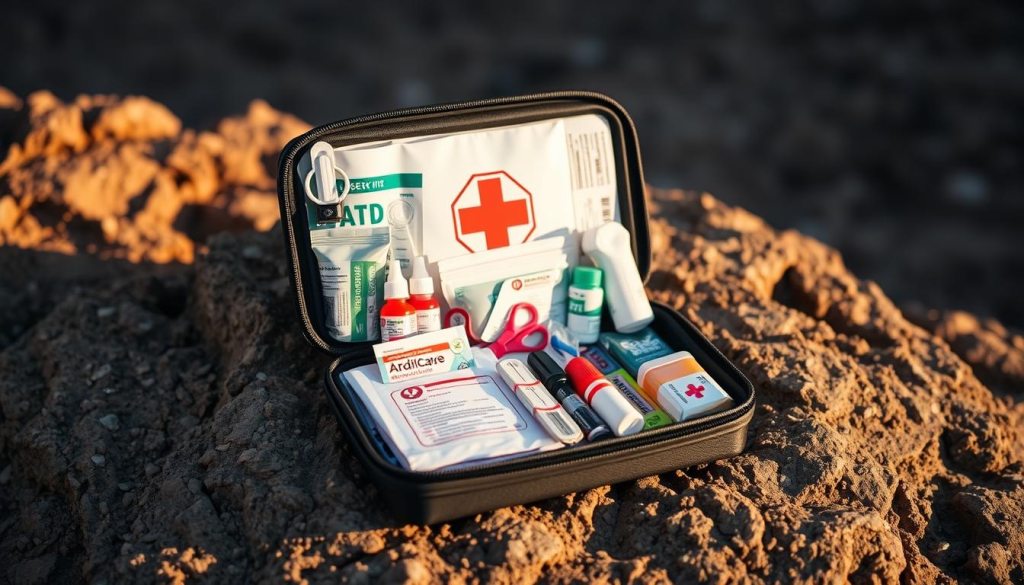 A portable first aid kit resting on a rugged, textured surface, illuminated by warm, natural lighting. The kit is composed of various medical supplies neatly organized in a compact, durable case with a distinctive logo or emblem. The foreground showcases the essential items such as bandages, antiseptic wipes, gauze pads, and medication bottles, while the middle ground reveals additional emergency tools like scissors, tweezers, and a thermometer. The background subtly suggests an outdoor setting, hinting at the kit's intended use for outdoor activities or emergency situations. The overall composition conveys a sense of preparedness, practicality, and reliability, perfectly fitting the "Essential Items for Your Medical Kit" section of the article.