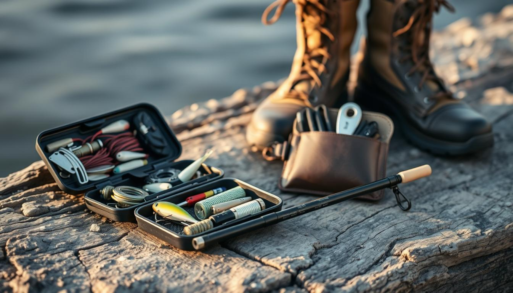 A portable fishing set resting on a rugged, weathered wooden surface. In the foreground, a compact tackle box with various lures, hooks, and sinkers neatly organized. Beside it, a collapsible rod and reel combo, ready for quick deployment. The middle ground features a small, well-worn leather pouch containing fishing line, a multi-tool, and essential accessories. In the background, a pair of sturdy, waterproof boots stand ready, hinting at the adventurous spirit of the owner. Soft, natural lighting casts a warm glow, evoking a sense of preparedness and self-reliance. The overall scene conveys the importance of having a reliable, compact fishing kit as part of an emergency bug-out bag.