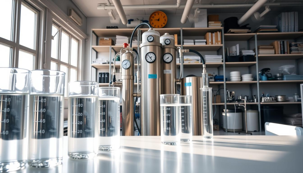 A pristine laboratory setting with state-of-the-art water purification equipment. In the foreground, a series of glass beakers and test tubes filled with crystal-clear liquid, illuminated by soft, natural lighting from large windows. In the middle ground, a sleek, stainless-steel filtration system with various gauges and controls, its brushed metal surface reflecting the surroundings. In the background, shelves stocked with scientific instruments and reference materials, creating a sense of an organized, well-equipped facility dedicated to the task of ensuring clean, safe water. The overall atmosphere is one of precision, efficiency, and a commitment to providing essential resources for a prepared, self-reliant lifestyle.